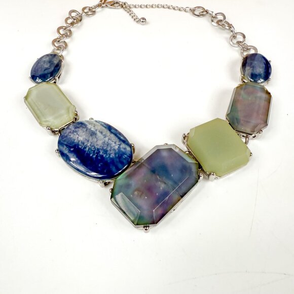 Chicos Silver Tone XL Resin Blue Green Cabochons Statement Necklace & Bracelet - Picture 3 of 6